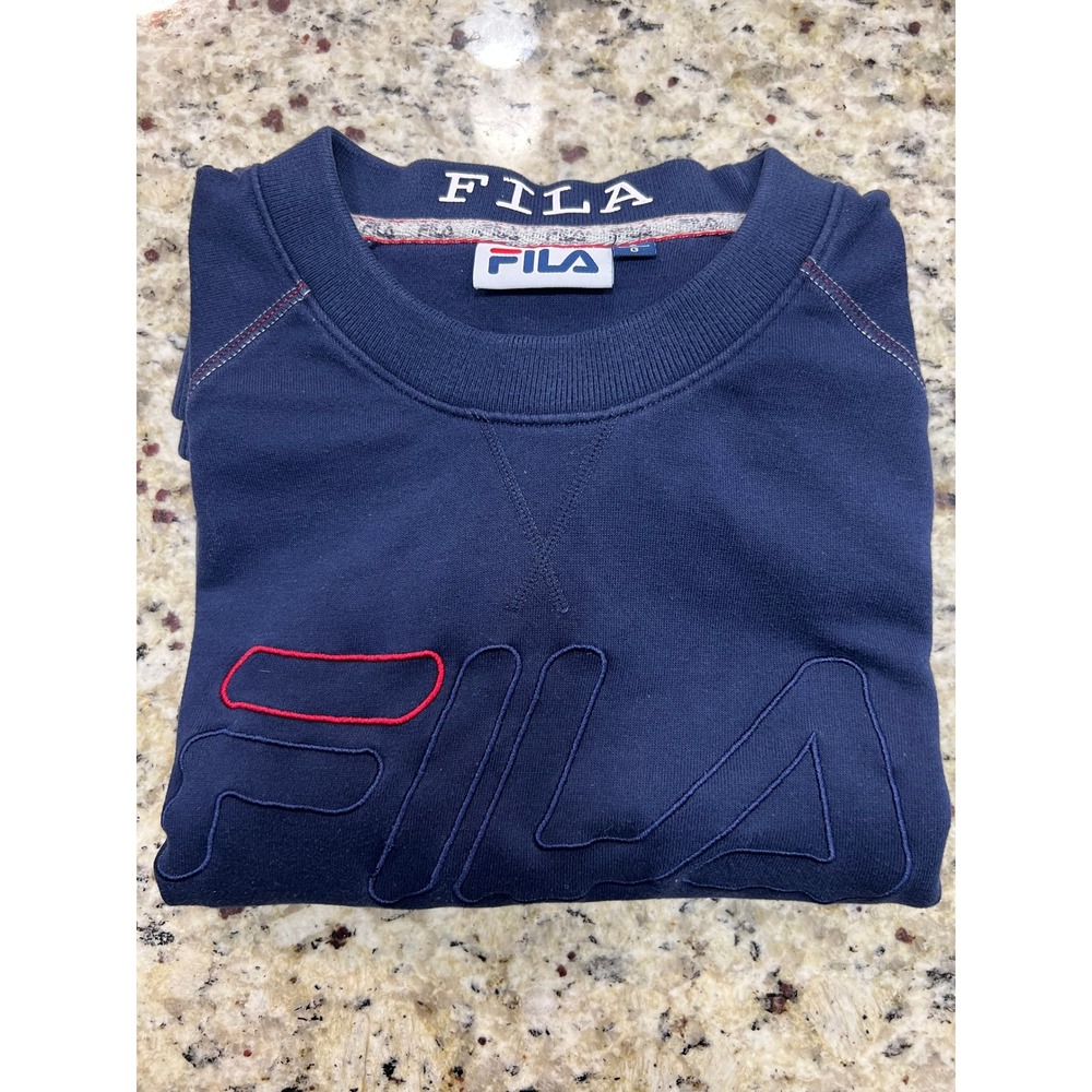 Vintage Fila Crewneck Sweatshirt Navy Blue Embroidered Logo Men Large Sportswear - Picture 2 of 8